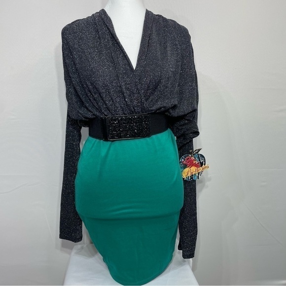 Apple Bottoms Dress Womens Large Plunging Neckline Bodycon Y2K Style Bling Sexy - Picture 3 of 12